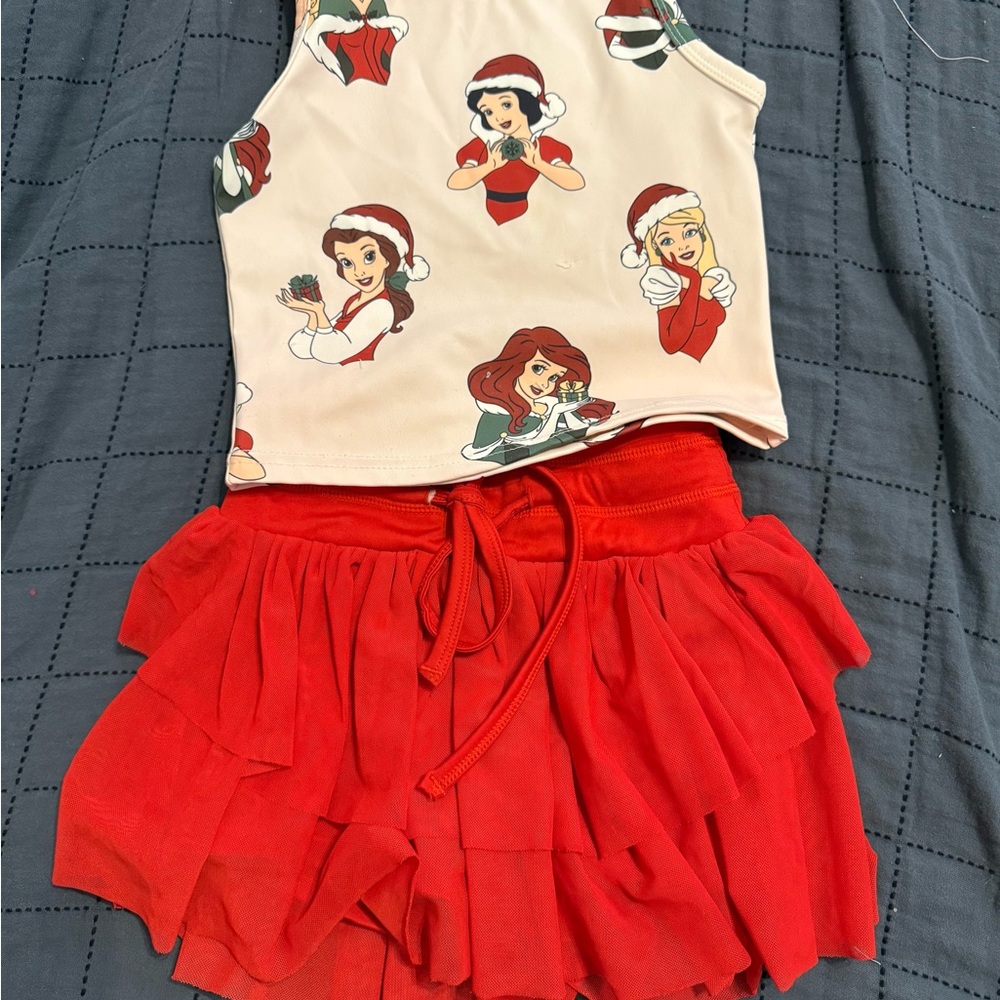 Girls Red Tiered Skirt & Printed Tank Top Set - Festive Casual